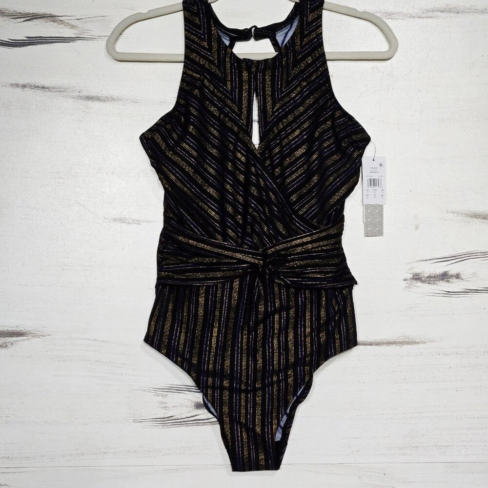 Striped Metallic One-Piece Swimsuit - Black & Gold